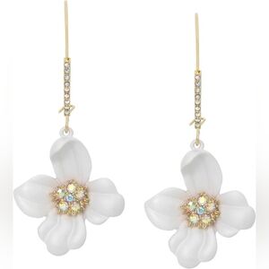 Betsey Johnson White Flower Crystal Dangle Drop Earrings, New in Box